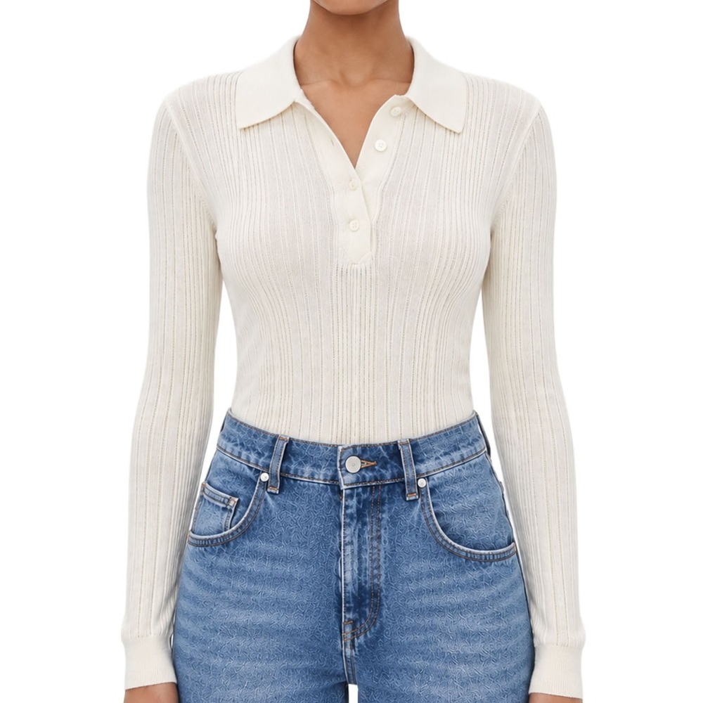 NWT Reformation Hermia Regenerative Merino Polo Ivory Cream Ribbed S